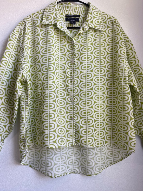 Tahari Tops - Tahari Lime Green Geometric Linen Button-Up‎ Shirt Size M